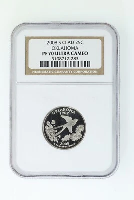2008 S 25c OKLAHOMA CLAD state NGC Label Quarter Proof NGC PF70 ULTRA CAMEO  - Image 1 of 2