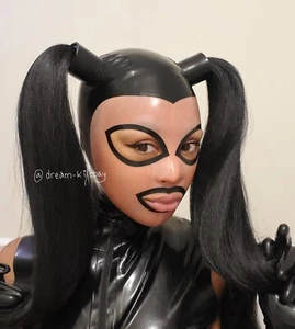 MyBeeRubber Black/Translucent Pink Size S Latex Pigtail Hood - Picture 1 of 8