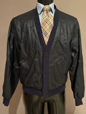 Lamatta Leather Navy Blue Button Up Cardigan Jacket Mens 48 R Made In Italy - Image 1 of 4