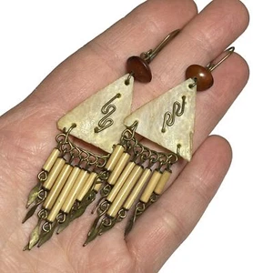 Vintage artisan 70's Wood Nut Metal Wire Earrings Dangle Spike SS1303 - Picture 1 of 8