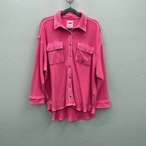 Aerie Lumber Jane rosa Waffelmuster Langarm Oversize Knopfleiste Shirt Damen Large - Bild 1 von 9