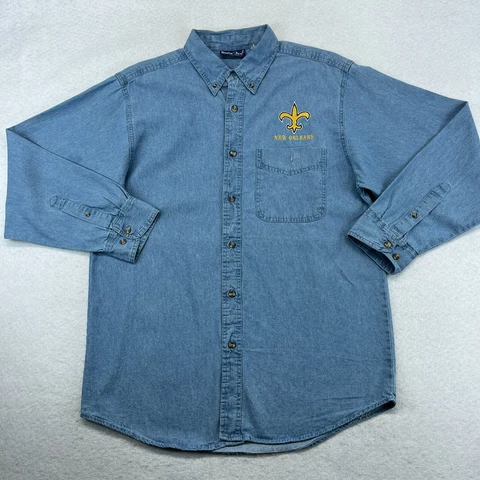New Orleans Saints Button Up Shirt Large Men's Denim Shirt Vintage Paradise  NFL Cover
