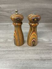 VINTAGE MR. DUDLEY MARZO RAINBOW WOODEN SALT SHAKER AND PEPPER GRINDER MILL