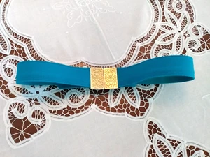 Vintage Dress Belt Gold Tone Buckle Turquoise Blue Fabric Adjustable XL - Picture 1 of 15