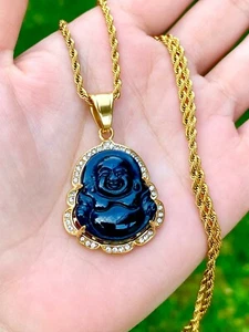 Jade Smiling Laughing Iced Black Buddha Good Fortune Rope Chain Necklace Gold - Picture 1 of 4