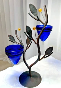 Applique portacandele foglie metallo nero e blu, vetro giallo 10,5'' x 8'' - Foto 1 di 13
