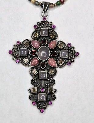NICKY BUTLER Sterling Silver Gemstone Quartz Rhodolite Cross Pendant Necklace - Image 1 of 4