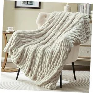 Solid Cozy Fuzzy Ruched Faux Rabbit Travel/Throw Size - 50" x 60" Sand White - Picture 1 of 7