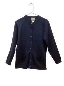 VTG Jenny Cardigan Sz L Navy Sweater Acrylic Zig Zag Stitch Trim Pockets - Picture 1 of 7