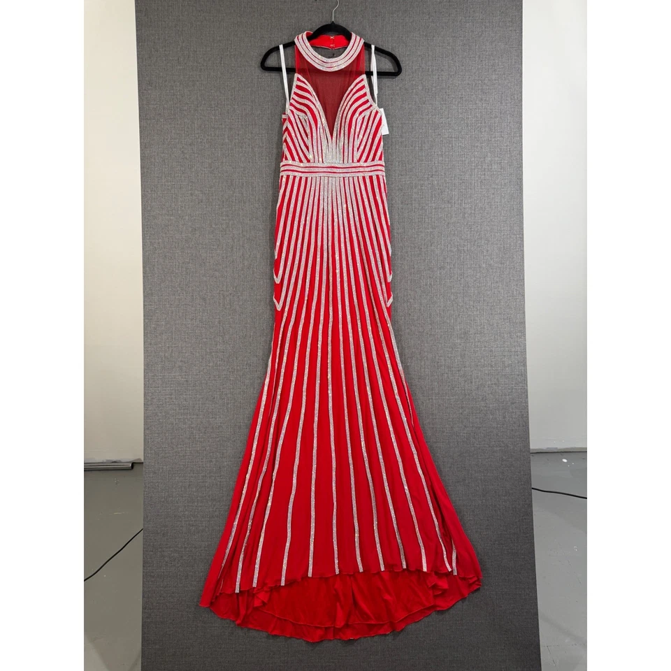 JOVANI Red Sequin Beaded Halter Neck Prom Formal Gown Dress - Image 1 of 4