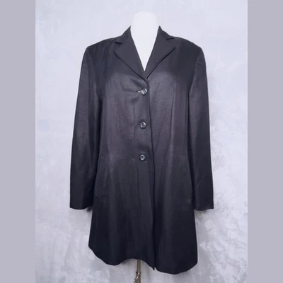 VALERIE STEVENS Black Longline Blazer Jacket Size 12 Silk Linen Blend 3 Button - Image 1 of 4