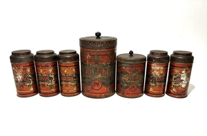 Antique Tin Litho Hoosier HMCo Spice Jar Canister Coffee Tea Set 7 Tins - Picture 1 of 19