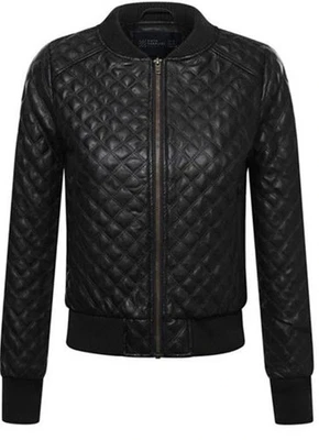 Women Bomber Jacket Winter Handmade Black lambskin Leather Dimond Stanching - Image 1 of 4