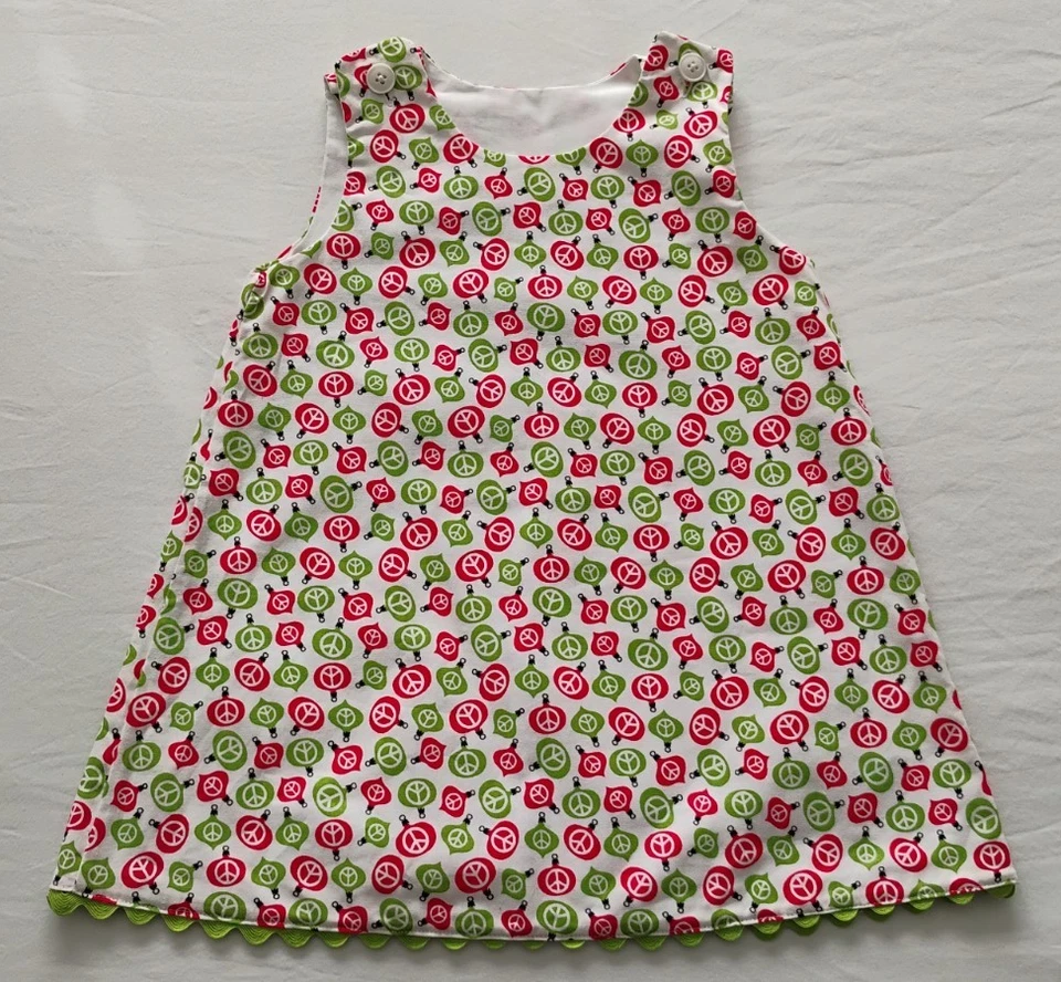 Handmade Holiday Peace Sign Girls Jumper Dress Sz 6 Red Green EUC - Image 1 of 4