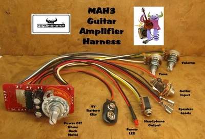 MAH3 NO SOLDER Cigar Box Guitar Amp Amplifier Harness 3W Volume Tone OD HDPH  - Image 1 of 3