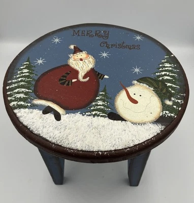 9-дюймовый деревянный деревенский синий рождественский табурет с Санта-Клаусом и снеговиком с ручной росписью - Изображение 1 из 4