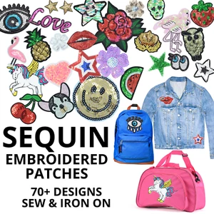 Sequin Embroidered Patches - Sew & Iron On Fabric Badge - Apparel Applique Set 2 - Picture 1 of 29