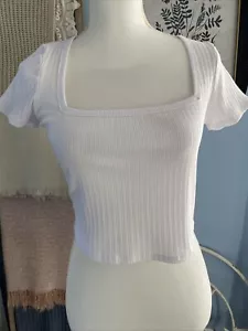 Bozzolo Crop Top Tee T-Shirt White Ribbed Short Sleeve Square Neck Large L NWT - Picture 1 of 8
