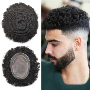 Mens Toupee Hairpiece Afro Curly Human Hair System Monofilament Wig for Men 6MM - Picture 1 of 8