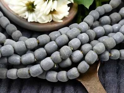 9-12mm Slate Grey Organic Barrel Recycled Ghana African Glass Beads (21" Strand) - Image 1 of 4