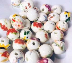 32 Porcelana Blanco y Multicolor Floral 12mm Mezcla de Cuentas Redondas con Agujero de 2-2.8mm * - Imagen 1 de 3