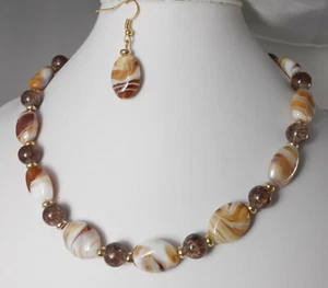 AUFFALLENDES Lampwork GLAS Collier Beige Braun + Crackle Glas O+A+K - Bild 1 von 7