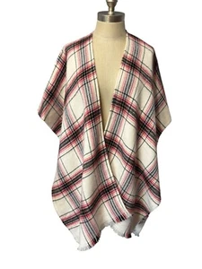 Loft Women's Size M/L Plaid Wrap Soft Poncho With Frayed Hem Red Cream Black - Picture 1 of 9