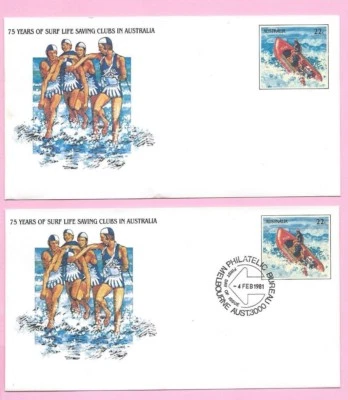 AUSTRALIA 1981 Pair of PSE's #032  FDC & Mint - 75 Years SURF LIFE SAVING CLUBS - Image 1 of 2
