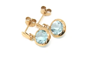 9ct Gold Blue Topaz Earrings 8mm round Drop Made in UK Gift Boxed Birthday Gift - Picture 1 of 5