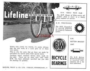 Anuncio de rodamientos de bicicleta Bayliss Wiley & Co. Ltd 'BW' pequeño anuncio impreso años 40 162/69 - Imagen 1 de 1