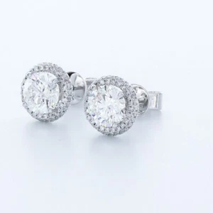 2.4 CT NATURAL DIAMONDS F/SI1 ROUND BRILLIANT 14K WHITE GOLD PRONG HALO EARRINGS - Picture 1 of 4