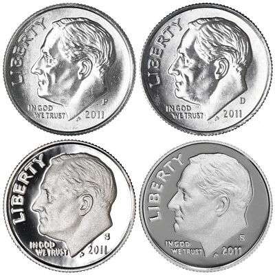 2011 P D S S Roosevelt Dime Silver & Clad Proof 4 Coin Set Lot    - Image 1 of 2