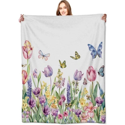 Spring Tulip Flower Blanket Cute Floral Throw Blankets with Colorful Butterfl... - Image 1 of 4