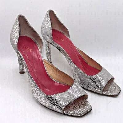 KATE SPADE LARA Silver Leather Open Toe Pump Heels Sz 8 Made In Italy - Image 1 of 4
