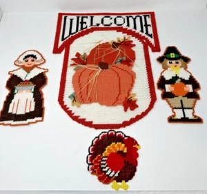 Vintage Handmade Plastic Canvas Yarn Needlepoint Welcome Sign 16" Thanksgiving - Picture 1 of 5
