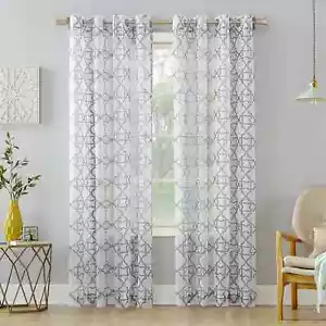 NEW (2 PACK) No. 918 TRELLIS GROMMET SHEER CURTAIN PANEL GRAY, 59" x 95" - Picture 1 of 6