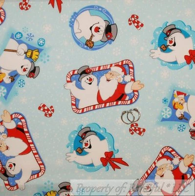 BonEful Fabric FQ Cotton Quilt VTG Blue White Frosty the Snowman Xmas Candy Cane - Image 1 of 4