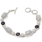 Rainbow Moonstone Black Quartz Gemstone Silver Plated Bracelet Jewelry 7-8"
