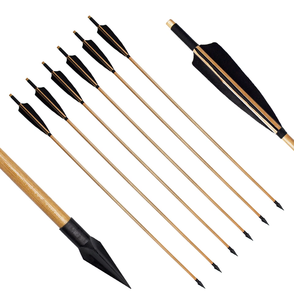 SOSOSHOOT 6PCS Handmade Hunting 33" Wooden Arrow LongBow Spine 300 With Medieval Tip Point