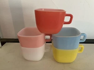 Vintage Glasbake Mugs Square Lipton Milk Glass 1950's - Set Of 5 Colorful - Picture 1 of 9