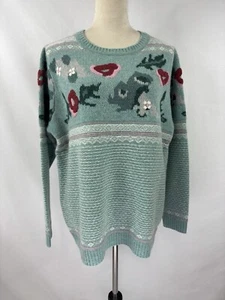 Sundance Bold Botanic Wollmischung Pullover hellgrün burgund große Blumen - Bild 1 von 9