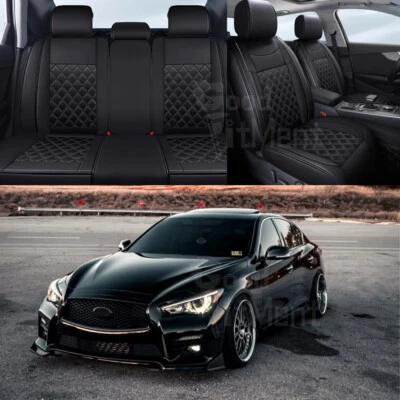 For Infiniti Q50 2014-2023 Leather Front+Rear Seat Covers Full Set 5-Sits Black - Image 1 of 4