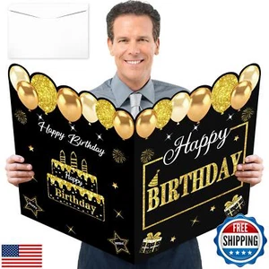 Kuxriox Large Happy Birthday Card With Envelope, Black Gold Happy Birthday Gi - Picture 1 of 5