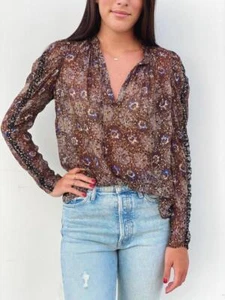 ULLA JOHNSON Marilla Brown Metallic Pattern Patchwork Long Sleeve Tie Silk Top 2 - Picture 1 of 7