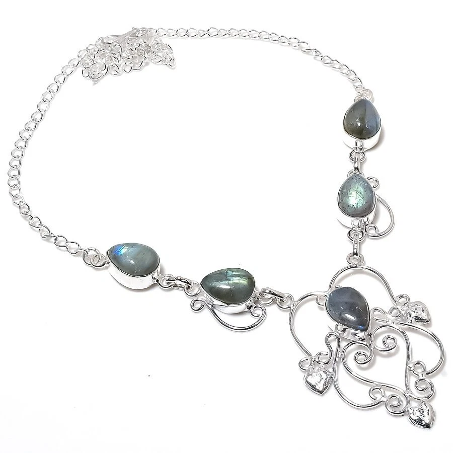 Collar de joyería hecha a mano de plata de ley 925 con piedras preciosas de labradorita tamaño 18" Foto 1 de 1