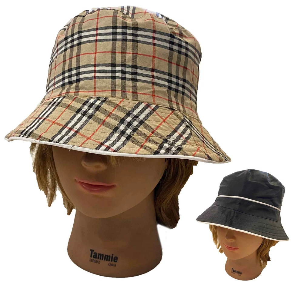 Cubo de Algodón a Cuadros Moda Exterior Dama Sol Camping Reversible Gorra Sombrero Foto 1 de 1