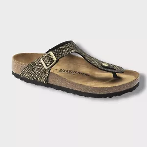 Birkenstock Women’s Gizeh Sandals Shiny Python Snake Gold/Black Microfiber 7/38 - Picture 1 of 10