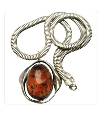 Natural Baltic Amber & Silver Vintage Foliate Pendant. Latvia, Necklace 1970's. - Image 1 of 4