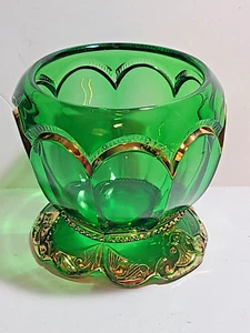 VTG 4 1/8" EAPG Riverside US Glass Co Emerald Green & Gold Glass Pedestal Bowl - Picture 1 of 6