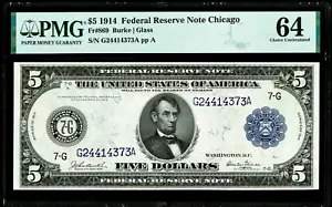 Large Size Chicago FRBN 1914 Federal Reserve Bank $5 Note Fr#869 PMG CU 64 - Picture 1 of 2